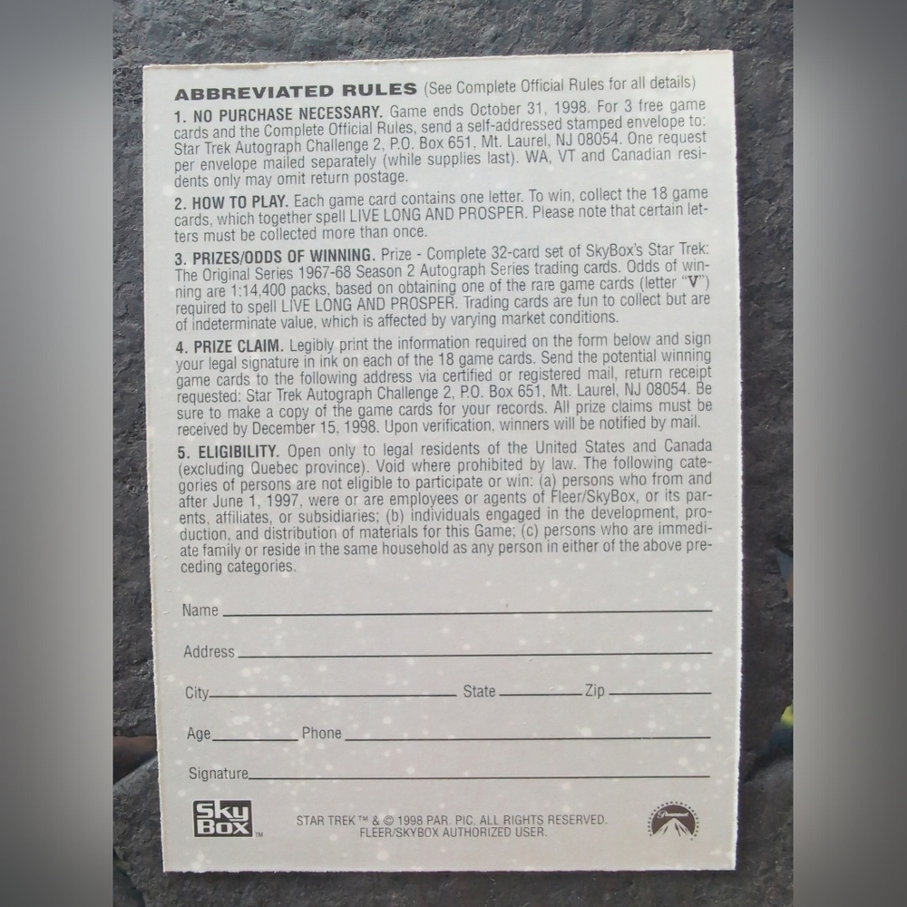 Star Trek Autograph Challenge Game Card A Michael Forrest Apollo 1998 - Picture 2 of 2